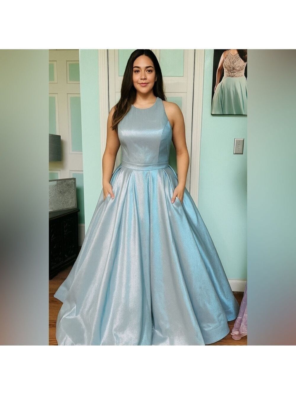 Sherri Hill 52957 Sky Blue Prom Pageant Ball Gown Dress Open Back Pockets Sz 12